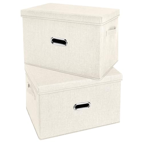 Large Linen Fabric Foldable Storage Bins with Removable Lid and Handles (2 Count)