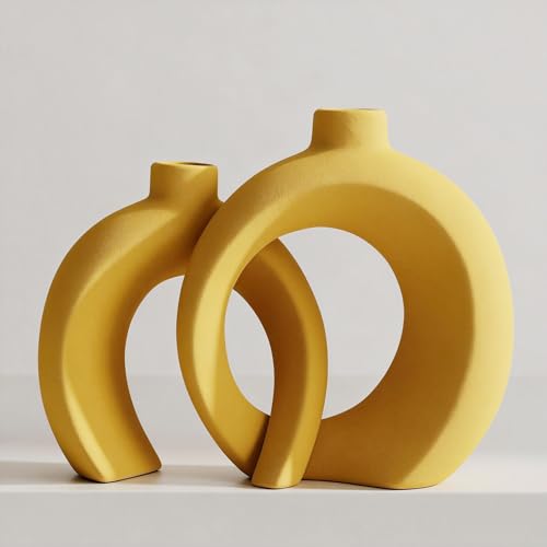 Set of 2 Yellow Ceramic Vases for Home Decor Accents
