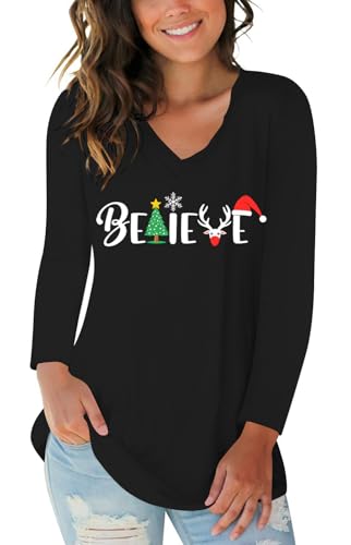 Believe T Shirts for Women Merry Christmas Shirt Long Sleeve Christmas Tops Xmas Tree Cute Graphic Letter Print Tee Black M