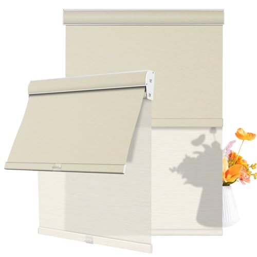 Cordless Dual Roller Shades.Striped Jacquard Beige.76 W x 86" H