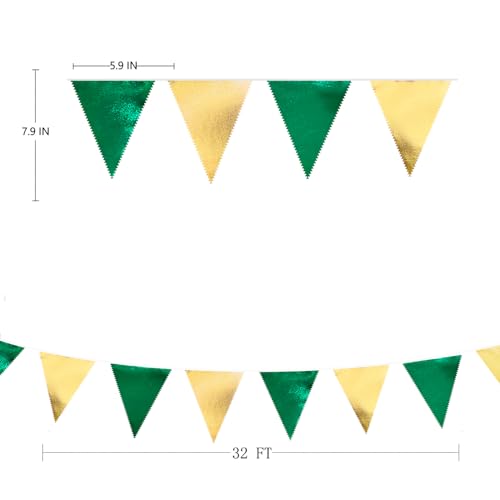 Green Gold Party Decorations Metallic Fabric Triangle Pennant Banner Flag Bunting Garland for Graduations Birthday Retirement Wedding Shower Spring Summer Master Golf Themed Outdoor Party Supplies