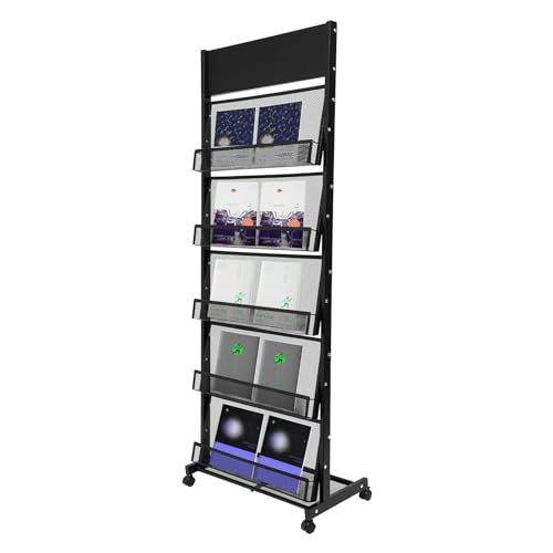 5 Tier Magazine Rack Floor Standing Brochure Display Stand with Universal Wheels & Brakes Metal Magazine Display Rack for Office