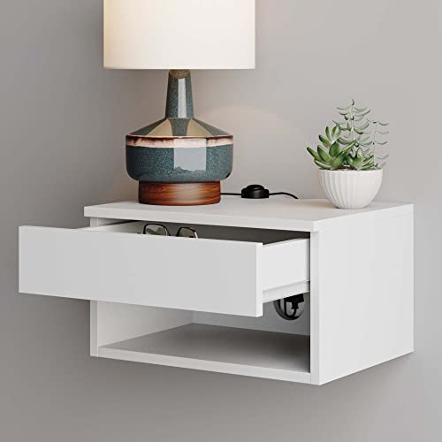 Jackson Wall Mounted Floating Bedroom Nightstand with Storage Drawer and Modern Open Shelf Cubby