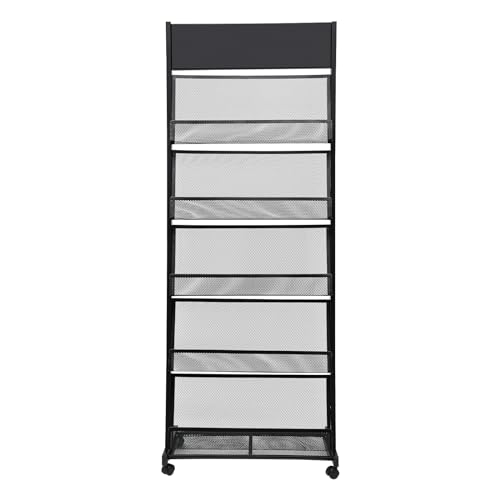 5 Tier Magazine Rack Floor Standing Brochure Display Stand with Universal Wheels & Brakes Metal Magazine Display Rack for Office