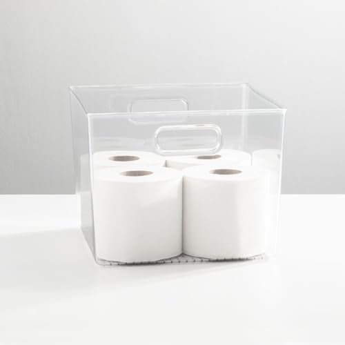 Plastic Modern Storage Organizer Bin Basket with Handles for Bathroom Organization