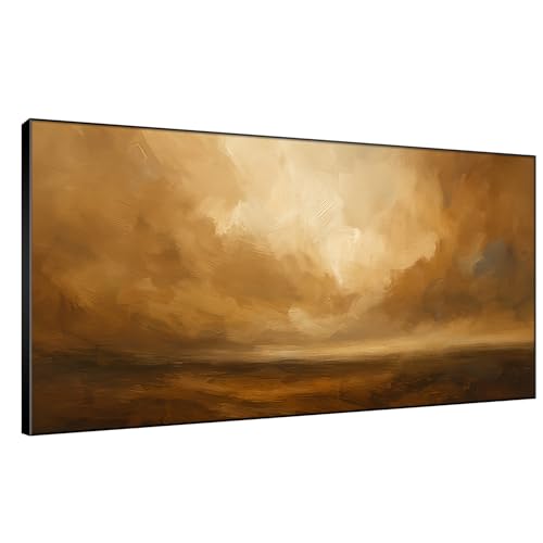 36"x72" Extra Large Framed Wall Art Golden Horizon Abstract Landscape Warm Brown and Amber Sky Illustration for Home Living Room Bedroom Decor