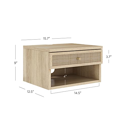 Jackson Wall Mounted Rattan Floating Bedroom Nightstand with Storage Drawer and Modern Open Shelf Cubby