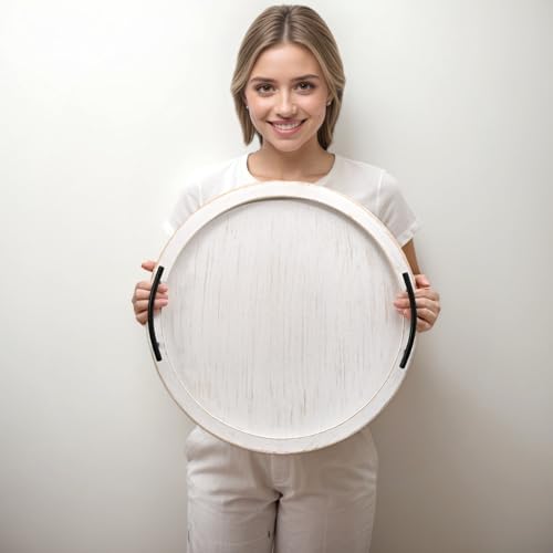 18Inch White Wooden Beaded Serving Tray with Handle Decorative Rustic Whitewashed Tray for Coffee Table Farmhouse Round Tray for Kitchen