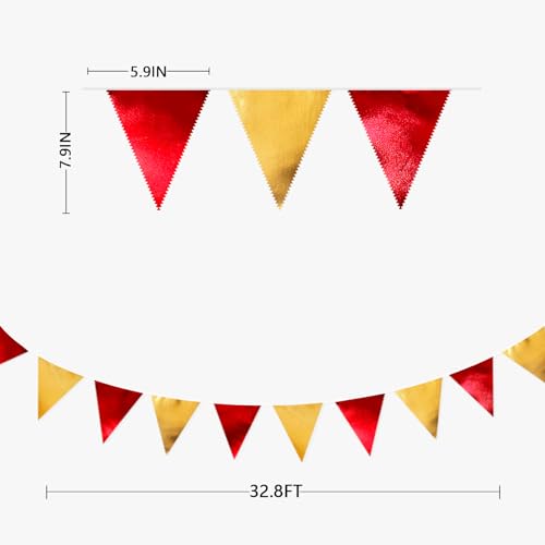 Red Gold Party Decorations Metallic Fabric Triangle Pennant Banner Flag Bunting Garland for Graduation Birthday Wedding Bachelorette Anniversary Baby Shower Christmas Holiday New Year Party Supplies (36 Count)