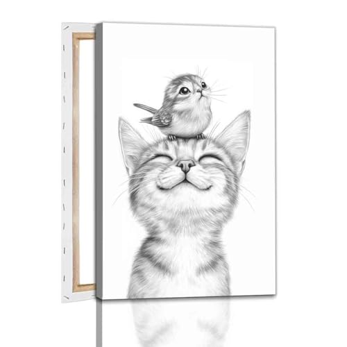 Sketch Bird Wall Art Cute Cat Poster Black And White Sketch Wall Art Black And White Cat Minimalist Animal Print Pets Painting Farmhouse Bird Pictures Animal Poster Living Room Decor 16x24in framed
