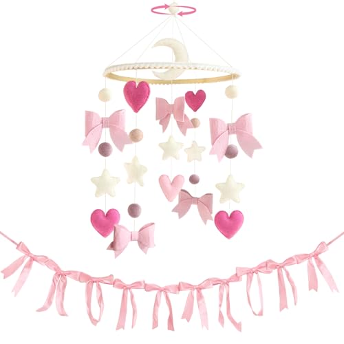 Pink Bow Baby Crib Mobile with Pink Ribbon Bow Garland Banner