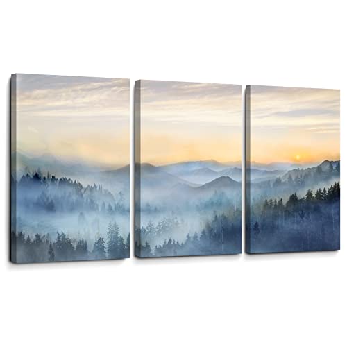 Wall Decor for Bedroom 3 Panel Sunrise Misty Forest Print Picture Paintings Wall Art for Living Room Bathroom Framed Canvas Artwork Modern Room Wall Decorations Size 16x24 x 3 Piece Ready to Hang (3 Count)