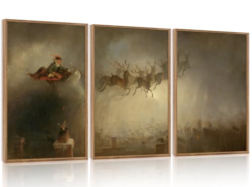3 Pcs Santa Sleign Rides Framed Canvas Wall Art 16x24 Inch