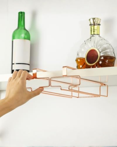2 Pack Under Cabinet Wine Glass Rack Rose Gold Wine Glass Holder Stemware Rack Hanger Kitchen Hanging Storage Rack Organizer (2 Count)