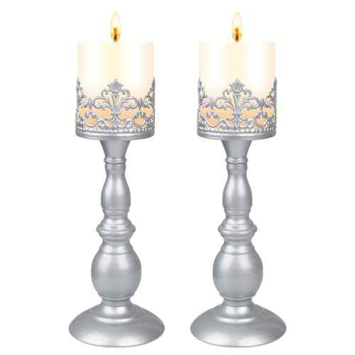 Candle Holders for Pillar Candles Gothic Matte Pearl Silver Tall Candle Holders Set of 2 Decorative Large Table Centerpieces Candle Stand Decor (2 Count)