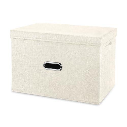 Large Linen Fabric Foldable Storage Bins with Removable Lid and Handles