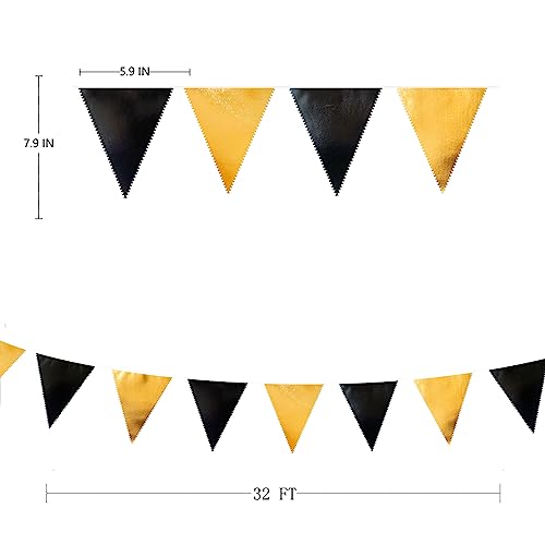 Black and Gold Party Decorations Triangle Pennant Banner Flag Metallic Fabric Bunting Garland for Birthday Graduation Anniversary Wedding Bachelorette Bridal Shower Engagement Hen Party Supplies (36 Count)