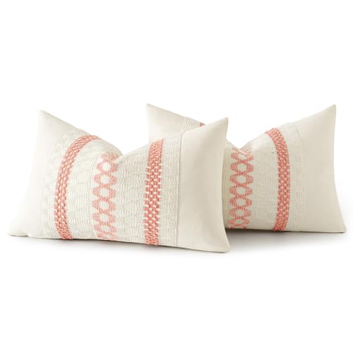 Set of 2 Coral Red Boho Decorative Lumbar Pillow Covers 12x20 Inch (2 Count)