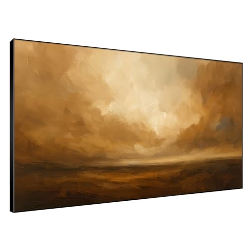 46"x72" Extra Large Framed Wall Art Golden Horizon Abstract Landscape Warm Brown and Amber Sky Illustration for Home Living Room Bedroom Decor