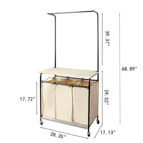 3 Section Laundry Sorter with Garment Hanging Bar Rack Foldable Ironing Board