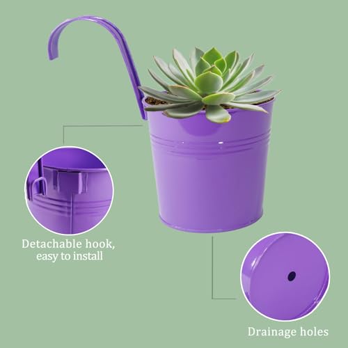 10 Pack 6" Colorful Metal Hanging Railing Planters with Detachable Hooks (10 Count)