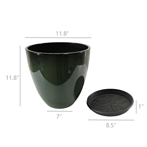 Garden Green Plastic Round 11.8 Inches Diameter 11.8 Inches Tall Planter Resin Glazed Faux Ceramic Flower Pots Drainage Hole with Saucer Decorative Pot 15675