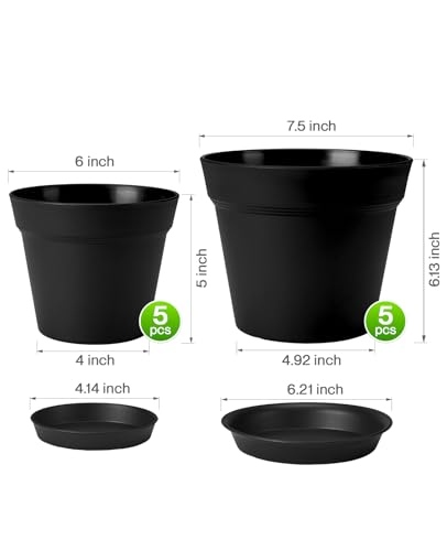 6 7.5 Inch Plastic Planters with Drainage Holes and Trays (10 Count)