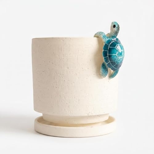 Ceramic Plant Pot with Resin Climbing Tortoise Figure