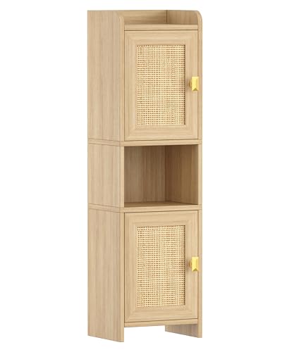 9.8''W Rattan Small Bathroom Storage Cabinet 2 Doors Oak