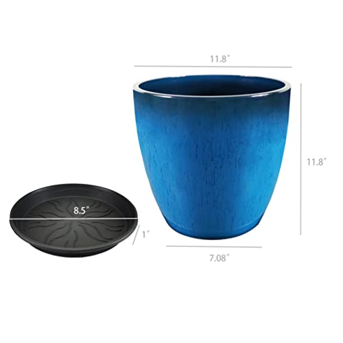 Garden Plastic Round 11.8" Diameter 12" Tall Planter Resin Glazed Faux Ceramic Flower Pots Drainage Hole with Saucer Decorative Pot 15580