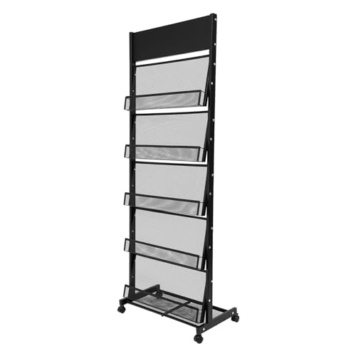 5 Tier Magazine Rack Floor Standing Brochure Display Stand with Universal Wheels & Brakes Metal Magazine Display Rack for Office