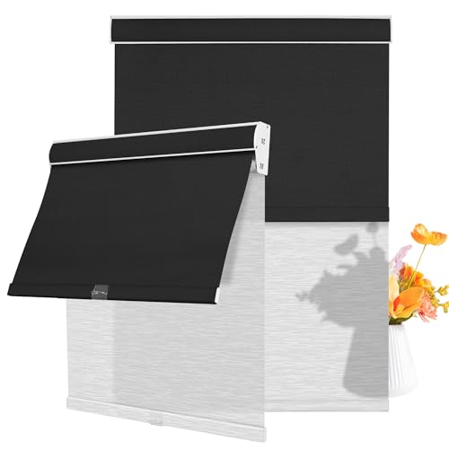 Cordless Dual Roller Shades.Linen Black and White.45 W x 80" H