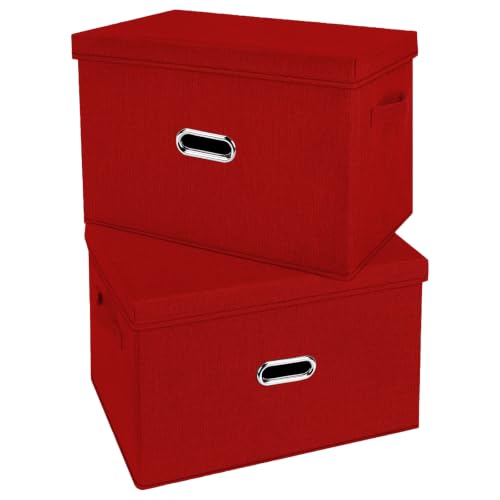 Large Linen Fabric Foldable Storage Bins with Removable Lid and Handles (2 Count)