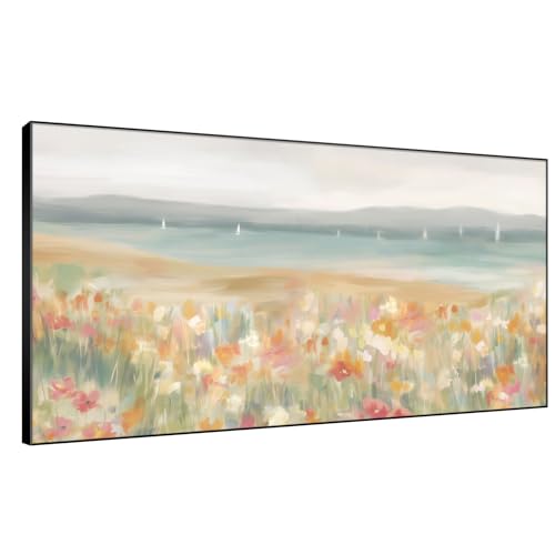 36"x72" Extra Large Framed Wall Art Coastal Flower Field with Sailing Boats Serene Landscape Illustration for Home Living Room Bedroom Decor
