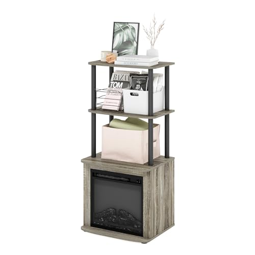Turn-N-Tube 2-Tier Tall TV Entertainment Side Table Display Rack with Fireplace Insert, French Oak Grey/Black