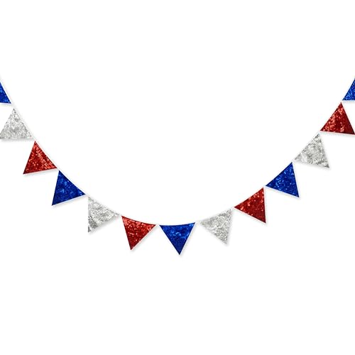 pinkblume Red Blue Silver Decorations Double Sided Sequin Fabric Triangle Pennant Banner Flag Bunting Garland for Nursery Classroom Home Bedroom Wall 4th of July American Veterans USA Holiday Decor (96 Foot)