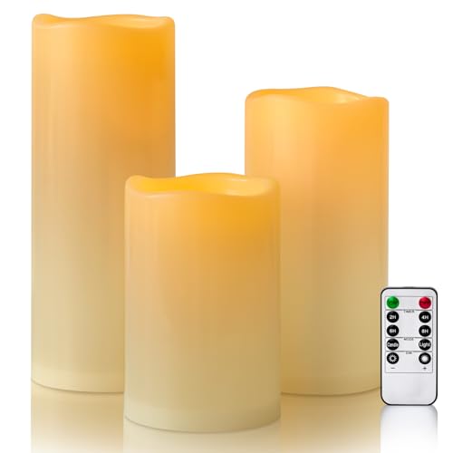 6" 8" 10" x 4" Ivory Large Waterproof Outdoor Flameless Candles Battery Operated LED Flickering Pillar Candles with Remote and Timer for Indoor Outdoor Lanterns (3 Count)
