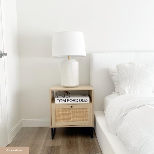 Mina Rattan Wood End Side Accent Table Nightstand with Storage for Living Room or Bedroom