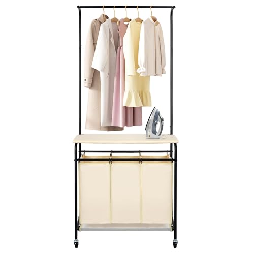 3 Section Laundry Sorter with Garment Hanging Bar Rack Foldable Ironing Board