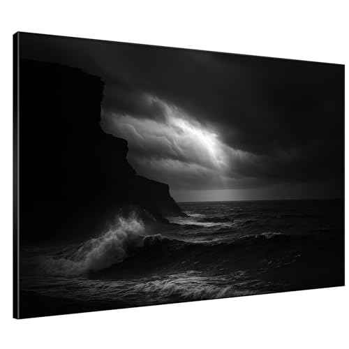 60"x72" Extra Large Framed Wall Art Dramatic Black and White Ocean Waves with Cliff and Stormy Sky for Home Living Room Bedroom Decor