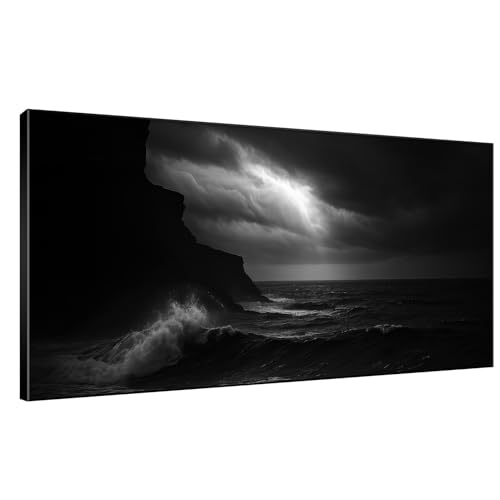 36"x72" Extra Large Framed Wall Art Dramatic Black and White Ocean Waves with Cliff and Stormy Sky for Home Living Room Bedroom Decor