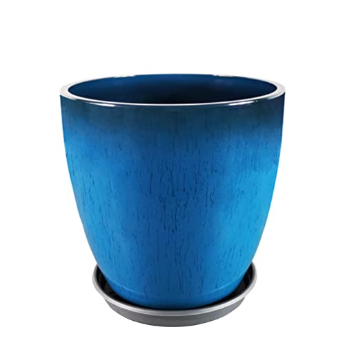 Garden Plastic Round 11.8" Diameter 12" Tall Planter Resin Glazed Faux Ceramic Flower Pots Drainage Hole with Saucer Decorative Pot 15580