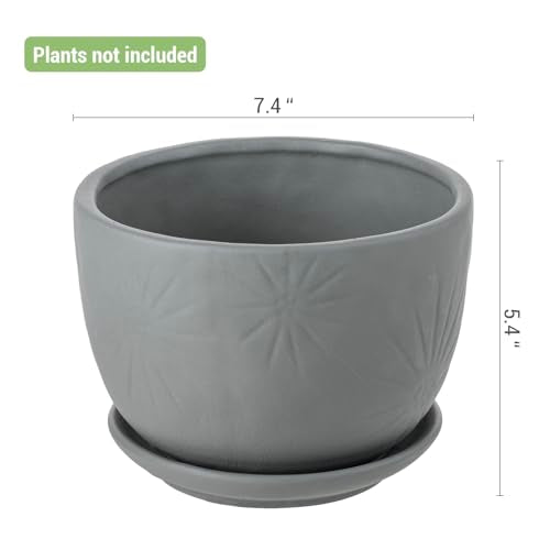 7 Inch Grey Ceramic Plant Pot with Drainage Hole and Attached Saucer