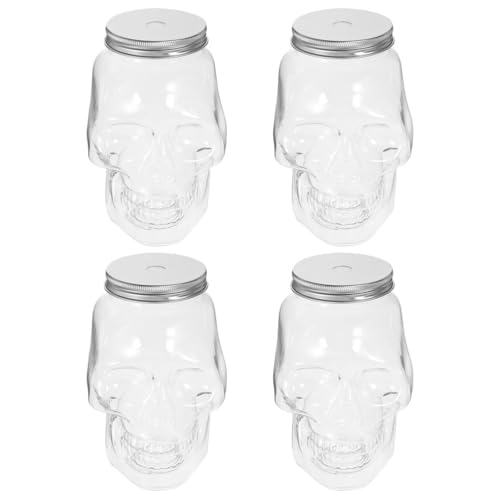 4pcs Halloween Beverage Bottles Clear Skull Shaped Jar Cups 800ml Plastic Drink Bottles with Screw Straw Hole Lid Party Water Tumbler Skull Beverage Juice Mug