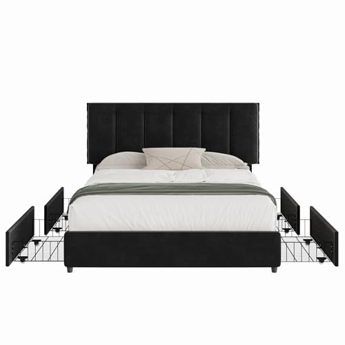 Queen Size Bed Frame with 4 Storage Drawers