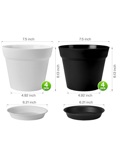 7.5 Inch Plastic Flower Pots with Drainage Holes and Trays (8 Count)