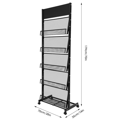 5 Tier Magazine Rack Floor Standing Brochure Display Stand with Universal Wheels & Brakes Metal Magazine Display Rack for Office