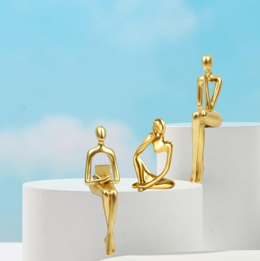 Abstract Gold Reading Thinker Statues for Book Shelf Office (3 Count)