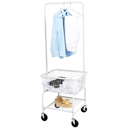 Rectangular Laundry Hamper Basket Butler Cart with Wheels and Hanging Rack