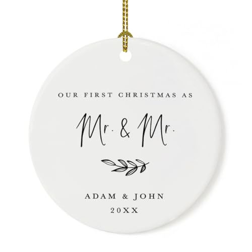 Personalized Gay Couple Wedding Round Ceramic Porcelain Tree Ornament Engagement Keepsake Gift